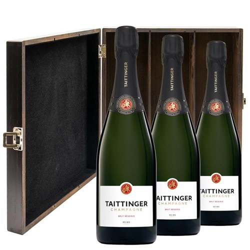 Taittinger Brut Champagne 75cl Treble Elm Wood Gift Boxed Champagne (3x75cl)